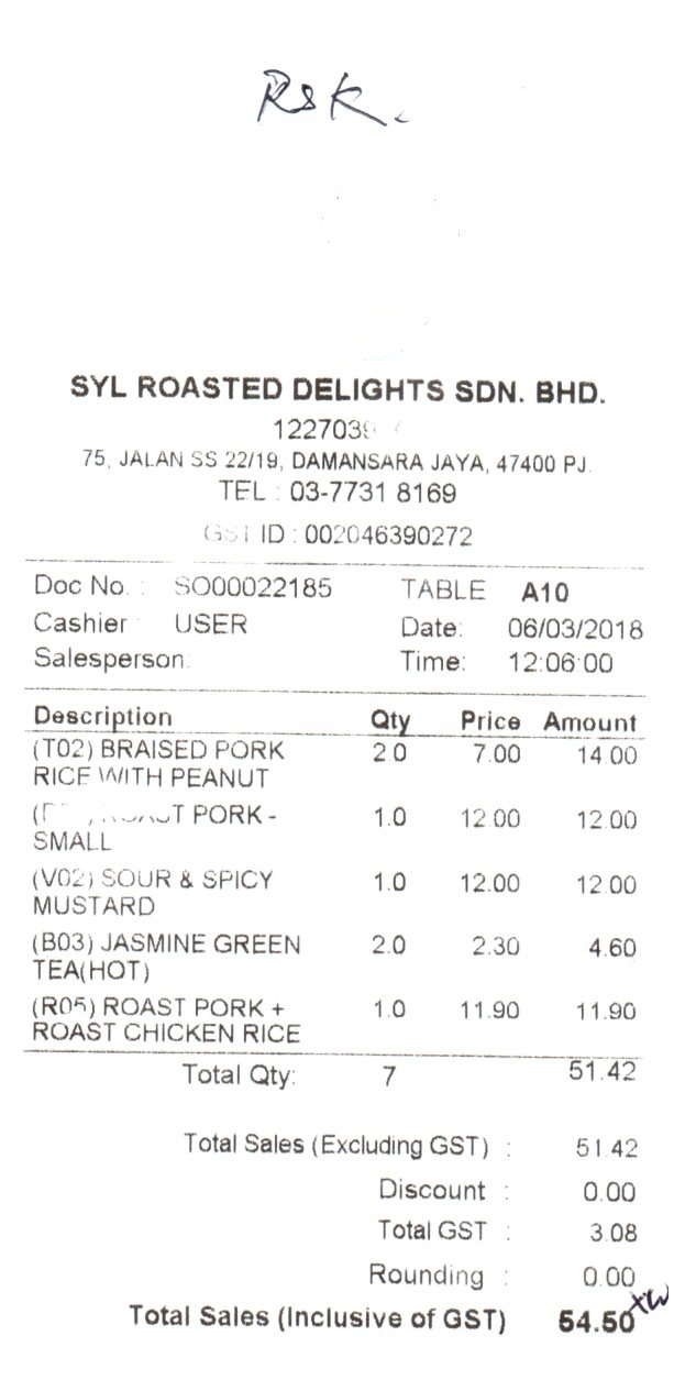 公开收据原图，商户为 SYL ROASTED DELIGHTS SDN. BHD.